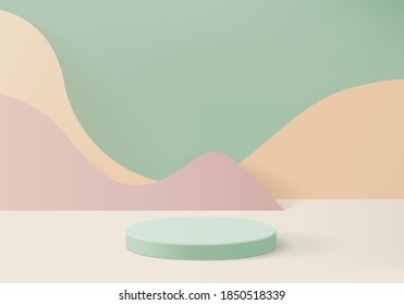 3d Stage background product scene with geometric platform. Stage background vector 3d rendering with podium. stage to show cosmetic products. Stage showcase on pedestal modern 3d studio green platform - Shutterstock ID 1850518339