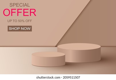 3d Stage background product scene with geometric platform. Stage background vector 3d rendering with podium. stage to show cosmetic products. Stage showcase on pedestal modern 3d studio brown platform