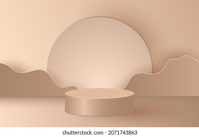 3d Stage background product scene with geometric platform. Stage background vector 3d rendering with podium. stage to show cosmetic products. Stage showcase on pedestal modern 3d studio brown platform