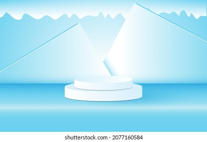 3D-Stage-Hintergrund-Produktszene mit Winterplattform. Stage Hintergrund, Vektorgrafik 3D mit Podium. Bühne für kosmetische Erzeugnisse. Stage-Showcase auf der modernen 3D-Studio-Farbplattform