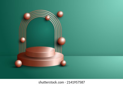 3D-Stage-Hintergrund-Produktszene mit dunkelgrüner Plattform-Stage-Hintergrund, Vektorgrafik 3D mit Podium. Bühne für kosmetische Erzeugnisse. Stage-Showcase auf der modernen 3D-Studio-Farbplattform