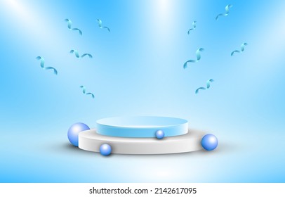3d Stage background product scene with blue sky platform Stage background vector 3d rendering with podium. stage to show cosmetic products. Stage showcase on pedestal modern 3d studio color platform
