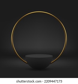 3d stage black semi sphere pedestal celebration event geometric form circle frame decor realistic vector illustration. Premium studio background stand foundation element for product presentation