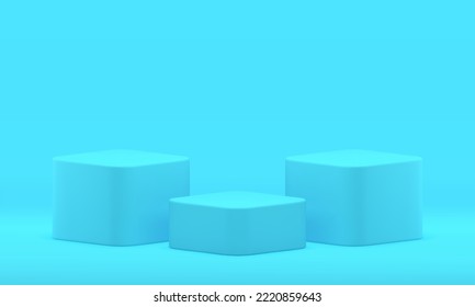 3d stage blue squared pedestal exhibition geometric three basic platform fashion product presentation realistic vector illustration. Podium cube boxes isometric scene expo foundation studio background