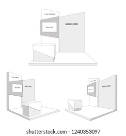 3d stage booth exhibition with backdrop blank image LED TV and table. Vector sketch outline drawing editable.