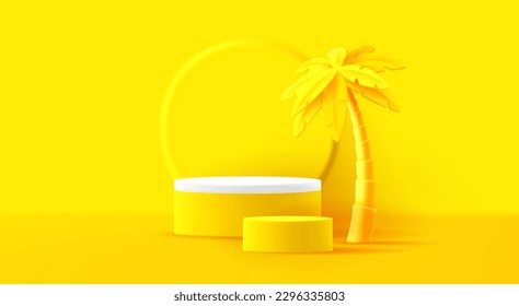 3D stage culinder podium mockup with palm tree, sunny bright yellow mono chrome composition