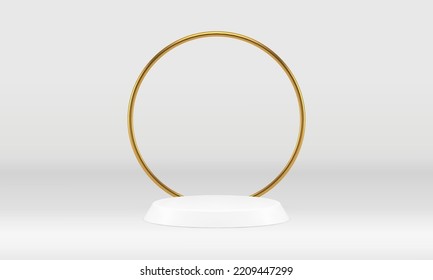 3d stage cylinder podium with golden frame studio background for retail merchandise realistic vector illustration. Premium round pedestal round basic foundation award arena elegant design