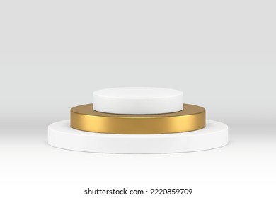 3d stage cylinder striped pedestal golden white platform foundation for product presentation realistic vector illustration. Podium round level construction celebration concert arena win contest award