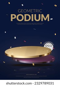 3D-Bühne für die Darstellung von Kosmetikprodukten, zylindrisches Gold und violettes Podium mit Konfetti auf blauem Hintergrund. Vektorgrafik