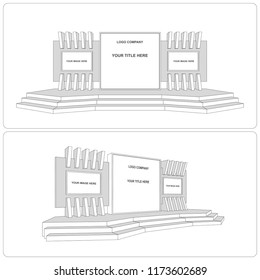 3d stage exhibition with 2 screen and backdrop spotlight. Vector sketch outline drawing editable.