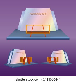 3d stage flooring table display receptionist with blank backdrop for stand exhibition. Vector editable isolated.