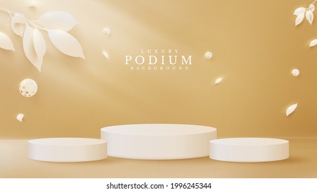 3D stage and gold ball element elegant along with paper cut style leaves. Luxury background concept. Templates for product placement for promotional and marketing purposes. Vector illustration.