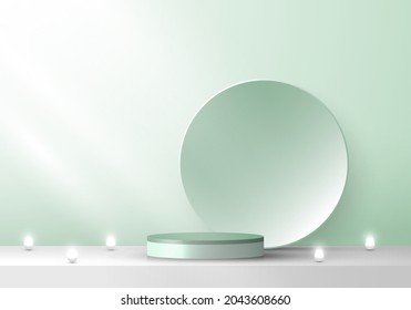 3D stage green podium pedestal and circle backdrop with neon light minimal scene. You can use for product display. Vector illustration