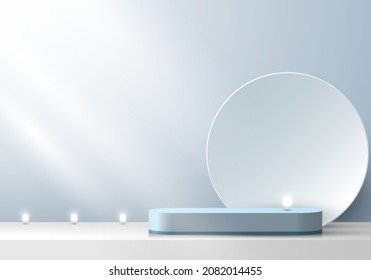 3D stage layered white and blue podium pedestal with circle backdrop and neon light minimal scene. You can use for product display. Vector illustration