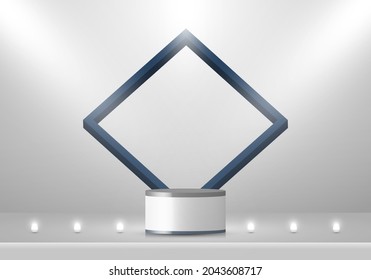 3D stage layered white and gray podium pedestal with blue square frame backdrop decoration with neon led light minimal scene. You can use for product display. Vector illustration