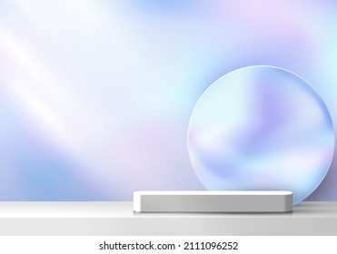 pedestal de podio blanco estratificado en 3D con fondo de color holográfico circular y escena mínima de luz. Puede utilizarse para mostrar el producto. Ilustración del vector
