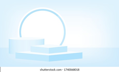 3d stage pedestal award soft blue, podium stage show for victory champion position, pedestal blue pastel soft for cosmetics product display show, circle stand modern for product place or presentation