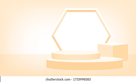 3d stage pedestal light orange, podium stage show for victory champion position award, pedestal orange pastel soft for cosmetics product display show, circle stand for product place or presentation