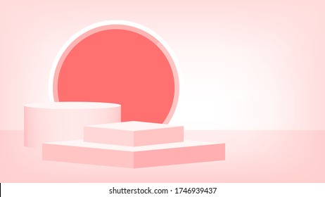 3d stage pedestal red pastel color, podium stage show for victory champion position, pedestal red soft for cosmetics product display show, circle stand modern for product placement or presentation