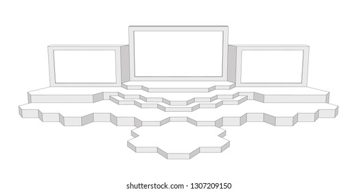 3d stage performance polygon futuristic style with blank LED backdrop screen. Vector editable sketch outline drawing coloring isolated.