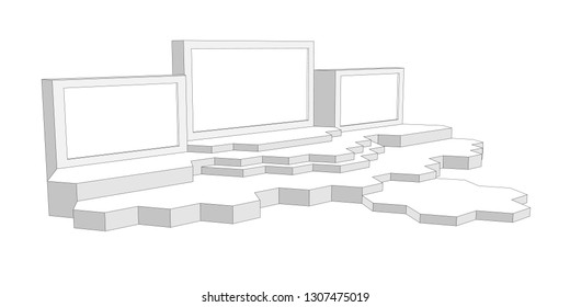 3d stage performance polygon futuristic style with blank LED backdrop screen. Vector editable sketch outline drawing coloring isolated.