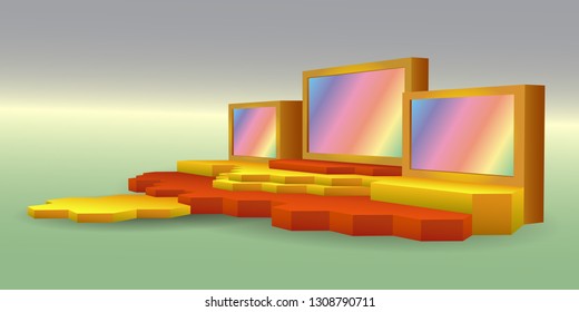 3d stage performance polygon futuristic style with blank LED backdrop screen. Vector editable isolated.