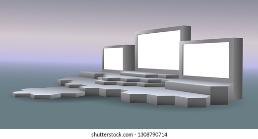 3d stage performance polygon futuristic style with blank LED backdrop screen. Vector editable isolated.