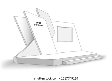 3d stage performance presentation exhibition with blank LED backdrop screen and space for logo company. Vector editable sketch outline drawing coloring isolated.