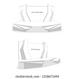 3d stage performance presentation exhibition with blank  backdrop screen and space for image. Vector editable sketch outline drawing coloring isolated.