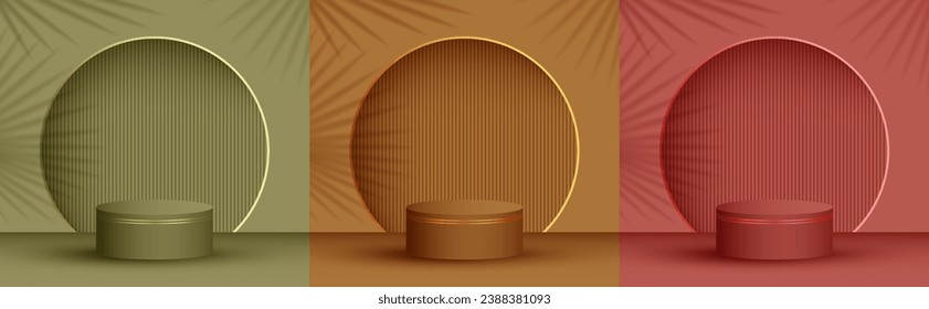 3d stage platform product showroom empty pedestal vector illustration in different colors. Palm leaves shadow, arch wall. Podium display scene set. Pillar stage platform presentation arena.
