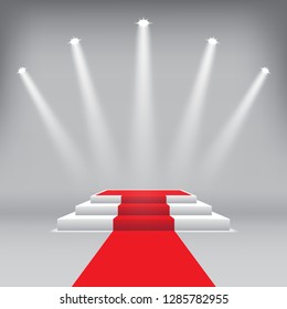 3D stage podium award ceremony with red carpet and spotlight. Product display and presentation, mock up Vector Illustration