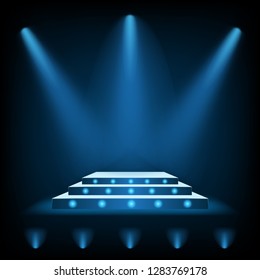 3D stage podium with blue spotlight and floor light or lamp. Product display and presentation, mock up vector illustration