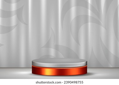 3D stage podium with grey curtain background