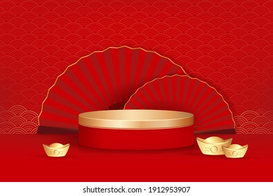 3D stage podium mockup for cosmetic and product placement in red oriental style background, vector illustration