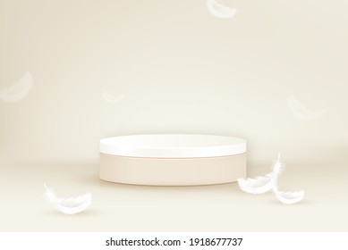 3D stage podium mockup with feathers on beige color background for cosmetic and product placement, vector illustration