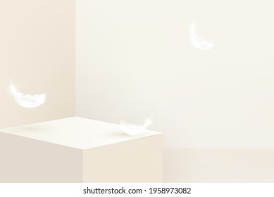 3D stage podium mockup with feathers on beige color background room for cosmetic and product display, vector illustration