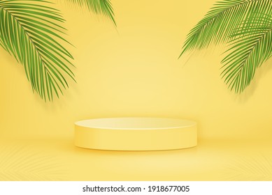 3D stage podium mockup on yellow background with palm tree leaves for food and product placement in tropical concepts, vector illustration