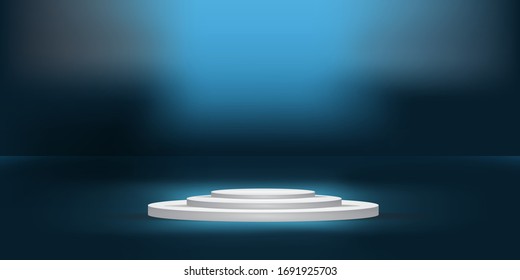 3D Stage For Product Presentation.Lighting Effect On Stage.Studio Spotlight Decoration.Gradient Background.White And Blue Podium,Pedestal,Platform.