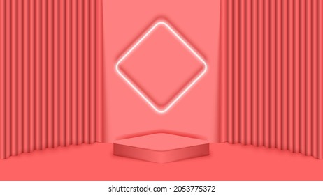 3d stage for product presentations with a square platform and diamond-shaped lighting on a soft red wall with curtains. Interior design of concert hall vector background.