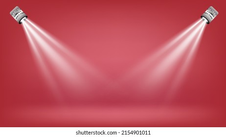 Color rojo 3D escenario Representación espacio vacío de habitación con focos. Habitación vacía con ilustración de vector de luz spot blanco