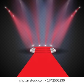 3d stage with scene illumination light, vector transparent flash light effect, sunlight special lens. Bright gold flashes and lighting with spotlights. 