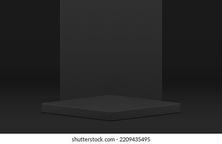 3d stage squared black showcase product presentation geometric platform realistic vector illustration. Scene pedestal advertising display award arena fashion studio background rhombus basic stand