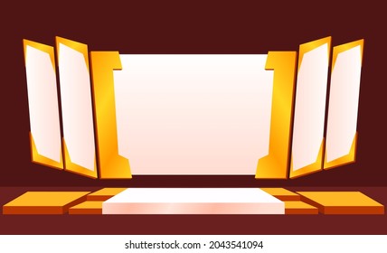 3d Stage with stands, screen in the background and big screen. Vector cartoon illustration of blank scene for presentations, conferences and public events music festival