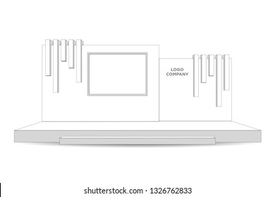 3d stage talk show performance presentation with blank LED backdrop screen and space for logo company. Vector editable sketch outline drawing coloring isolated.