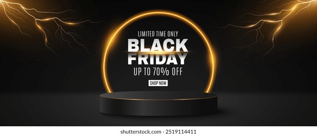 3d stage with thunderstorm background for Black Friday Sale. Podium with lightning effect and glowing neon frame. Pedestal to display your product. Vector illustration. EPS 10.