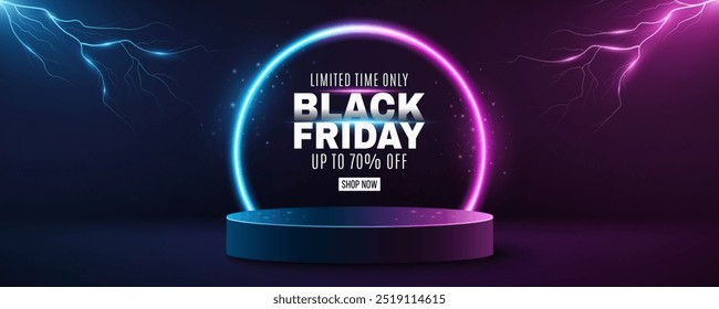 3d palco com fundo de tempestade de trovoadas para Black Friday Sale. Pódio brilhante com efeito de raio e quadro de néon. Pedestal para mostrar o produto da sua marca. Ilustração vetorial. EPS 10.