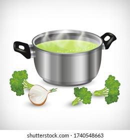 3d Stainless Pot, Boiling Green Soup, Transparent Steam, Broccoli, Onion Isolated On White Background. Vector Metal Pan With Handles, Fresh Broccoli, Onion Healthy Vegetable Ingredients.