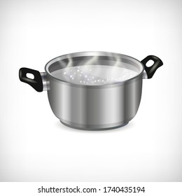 3d stainless pot, boiling liquid and transparent steam isolated on white background. Flat style metal pan with handles. Kitchen utensil icon. Element for culinary theme design. Vector illustration. 