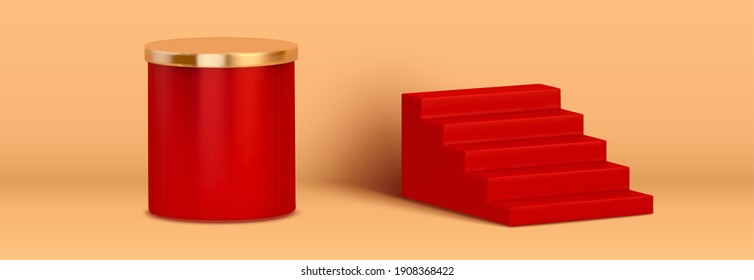 3d staircases and round pedestal isolated on yellow background. Suitable for red carpet theme or Chinese new year.