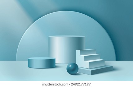 3D stairs and cylinder podiums on pastel blue background. Vector realistic illustration of round shape platform, ball and staircase for product presentation, showroom with abstract geometric pedestals